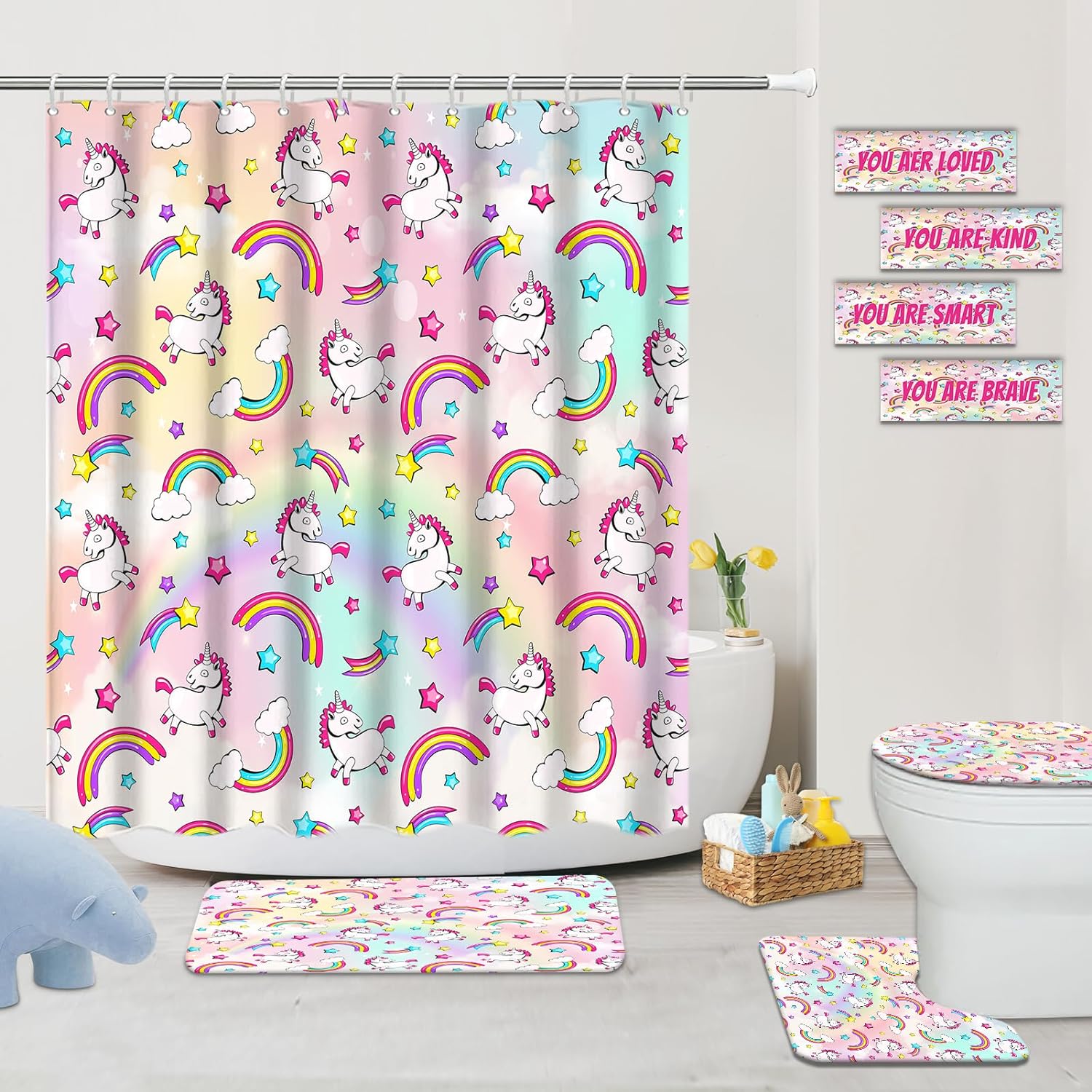4 Pcs Kids Bathroom Set Pink Unicorn Rainbow Shower Curtain Sets with Non-Slip Rugs Toilet Lid Cover and Bath Mat Set, Kids Girl Bathroom Decor with 12 Hooks
