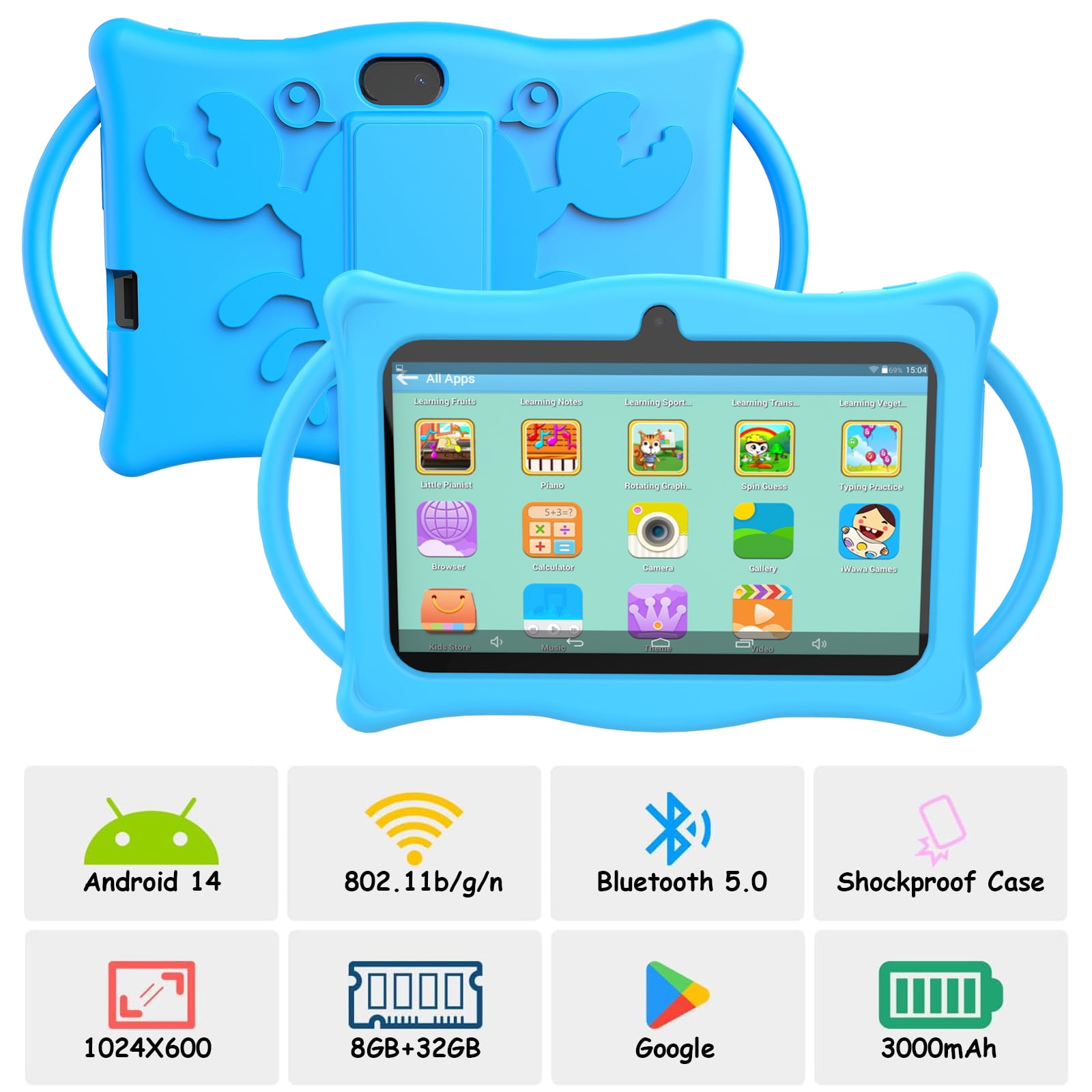 Kids Tablet 7Inches Android 14.0 with Case,RAM 8GB(4+4Expand)+32GB ROM, 1024*600 IPS Screen, Bluetooth 5.0,Front 2.0MP+ Back 2.0MP Dual Cameras,3000mAh Battery,Blue