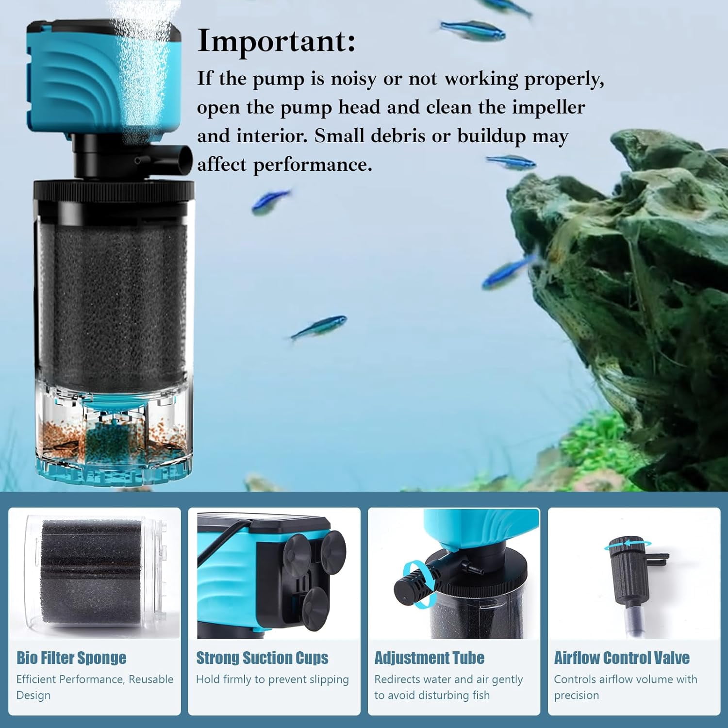Submersible Aquarium Filter, Upgraded 15-50 Gallon Fish Tank Filter with Fish Guard, 220GPH Internal Whisper Pump, Fresh/Saltwater, Debris Tray, Check Valve