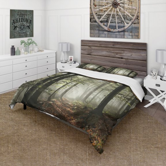 Designart 'Light in Dense Fall Forest with Fog' Traditional Duvet Cover Set