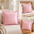 thumbnail image 6 of Pink Checkered Pillow Cover, Ruffled Frill Decorative Cushion Case for Sofa, Bed, Chair, Bedroom, Living Room and Cottage Home Decor, 6 of 7