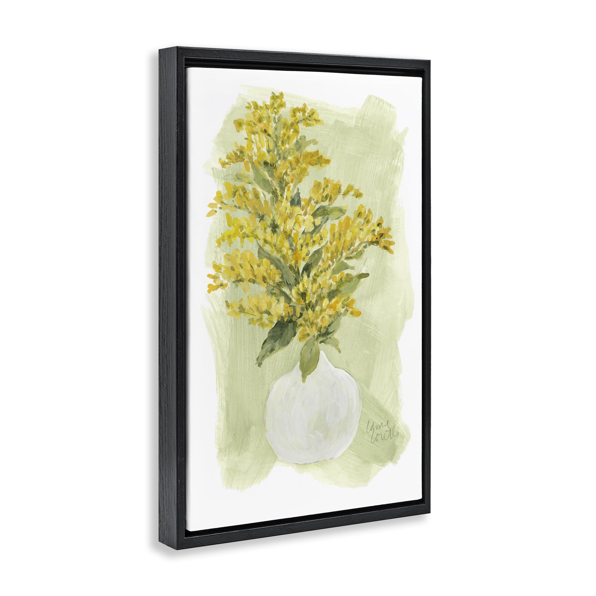 Stupell Industries Goldenrods Bloom White Vase Floral & Botanical Painting Black Floater Framed Canvas Art Print Wall Art, 17 x 25