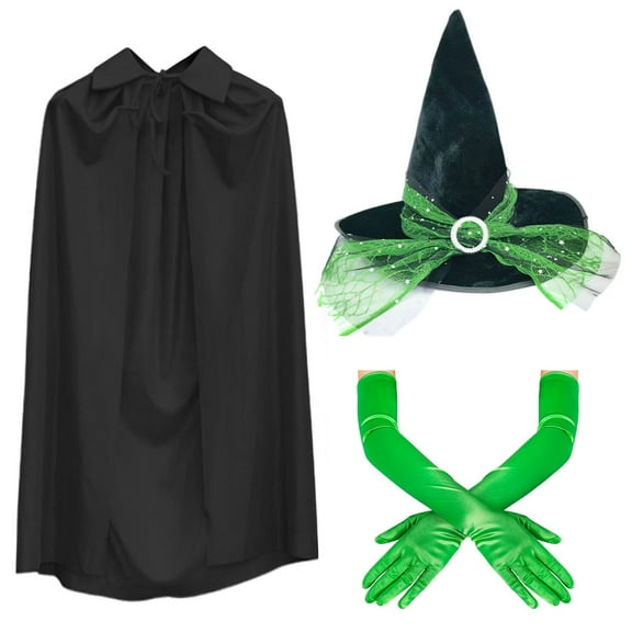 3PC Witch Costume Hat Cape Green Gloves Accessories for Halloween Movie Cosplay Props