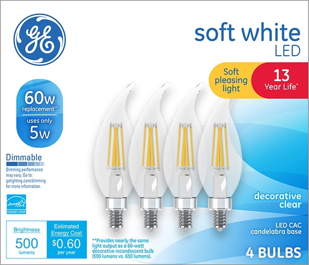 GE LED 5-Watt (60W Equivalent) Soft White Clear Decorative Light Bulbs, 4pk