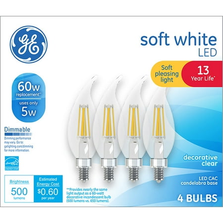 GE LED 5W (60W Equivalent) Soft White, Clear Decorative Light Bulbs, Dimmable, Small Base, Dimmable, 4pk