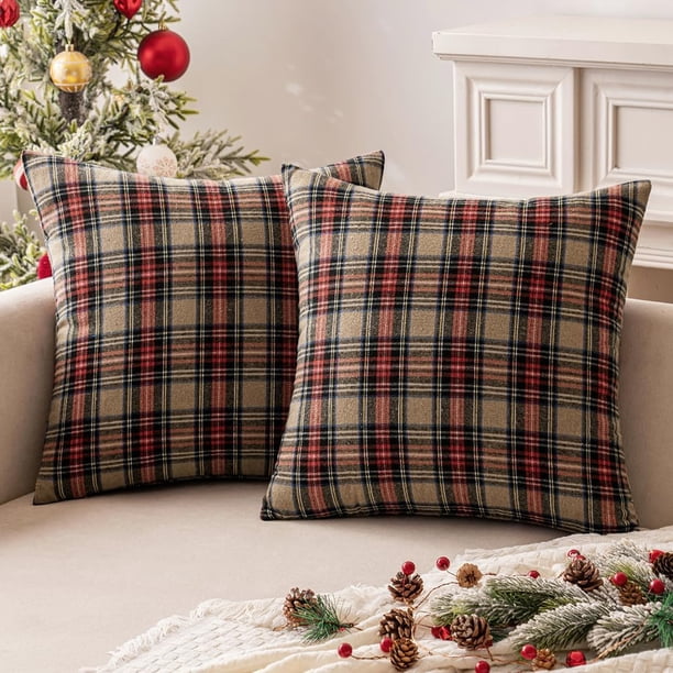 MIULEE Juego de 2 fundas de almohada navideñas de tartán escocés, fundas de cojín cuadradas decorativas clásicas para decoración del hogar, sofá, 18.0 x 18.0 in, color rojo