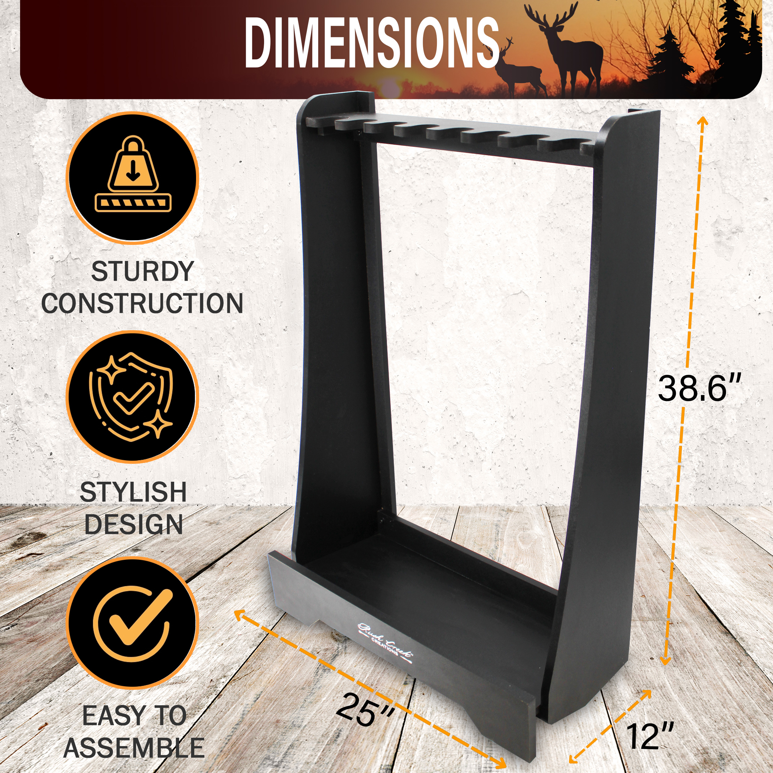 Rush Creek Creations Freestanding Indoor and Barn Wood 8-Gun Rack for Rifles or Shotguns, Gun Storage for 8 Real Guns, Alternative to Gun Safe for Rifles, Black