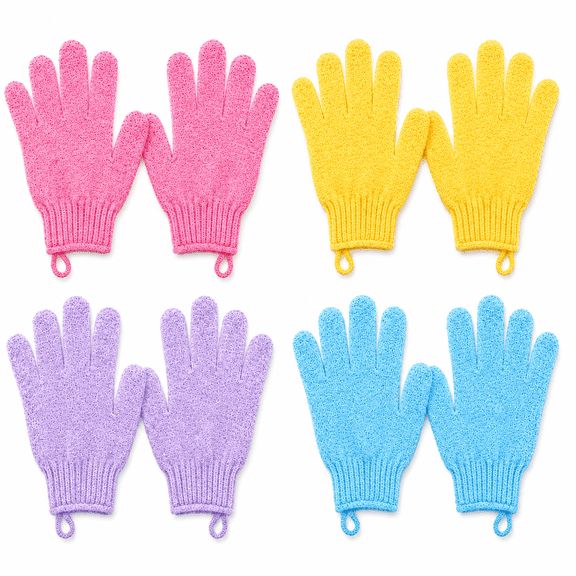 4 Pairs Body Exfoliating Gloves for Shower, Bath Scrub Wash Mitt for Women, Men, Spa, Massage (Pink, Purple, Blue, Beige)
