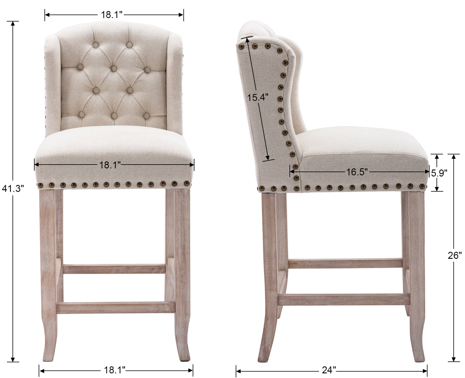 Guyou Modern Tufted Bar Stool Set of 2, 26" Counter Height Bar Stool with Back and Nailhead Trim, Linen Upholstered Solid Wood Kitchen Island Chair Barstools for Bar Restaurant Cafe Dining Room, Beige