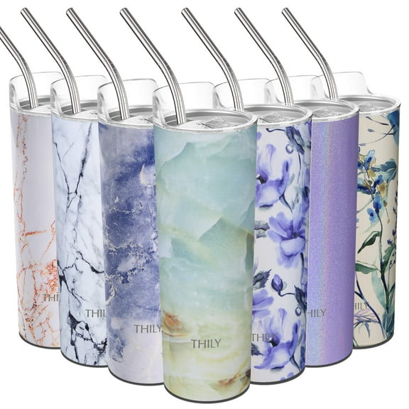Vacuum Insulated Skinny Tumbler Cup - THILY 22 oz Triple-Insulated Stainless Steel Tumbler with Lid and Straw, Splash-proof, Reusable, Durable, Stylish Slim Design, for Coffee, Beer, Opal Marble