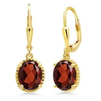 Gem Stone King 18K Yellow Gold Plated Silver Red Garnet Leverback Dangle Earrings for Women (3.60 Cttw, Gemstone January Birthstone, Oval 9X7MM)