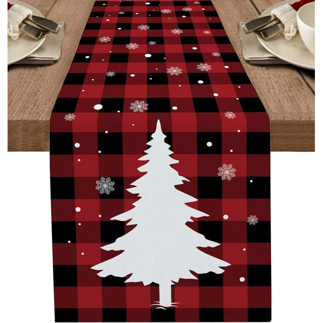 Merry Christmas Cotton Linen Table Runner Dresser Scarves,Xmas Snowflake Buffalo Check Christmas Tree Table Runners for Dinning Table,Farmhouse Kitchen Decor,Holiday Dinner Decoration-13x36 Inch