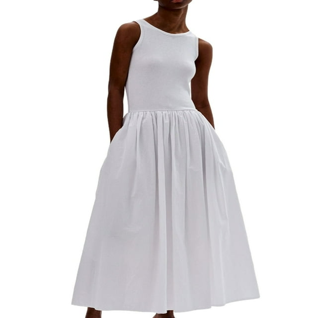 Robe Longue Trapèze Sans Manches avec Poches pour l'Été pour Femmes