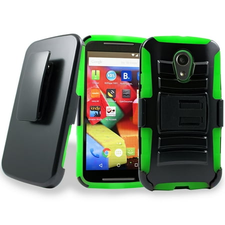 for Motorola Moto G2 2nd Generation Knight Armor Holster Clip Hybrid Double Stand Case Impact Cover Green