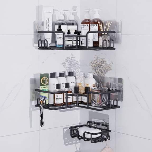 Topritt Corner Shower Caddy, 2-Pack No Drill Adhesive Organizer with Soap Dish, Space-Saving Bathroom/Kitchen Storage Shelf for Shower Corner (90° Angle Only)