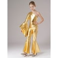 thumbnail image 2 of Mufeng Kids Girls One Shoulder Long Sleeve Flare Bell Bottom Pants Playsuit Gymnastics Jumpsuit Romper Gold 14, 2 of 7