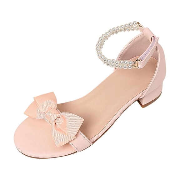 Kids Bow & Pearl Heeled Sandals, Girls' Summer Open-Toe Shoes, Wedding Party Dance Sandals for Toddler Girls