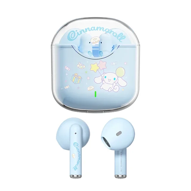 sanrio-auriculares bl19 kuromi con bluetooth 5,4 audífonos true wireless in-ear celeste con estuche de carga ilustrado con Cinnamoroll, drivers de 13 mm, cancelación activa de ruido, micrófono integrado y carga USB-C (incluye manual).