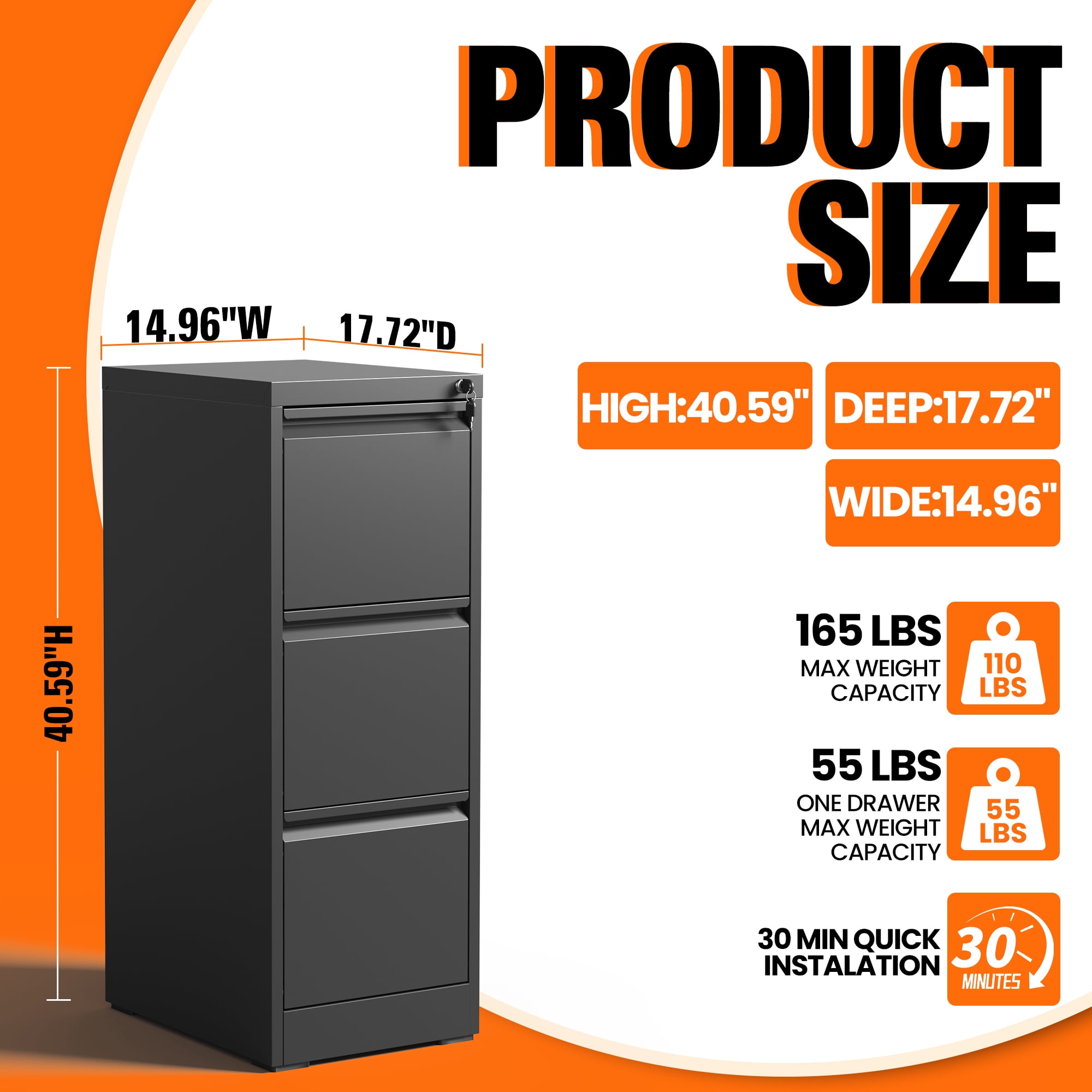BIZOEIRON 3 Drawer Metal File Cabinet with Lock, Vertical Filing Cabinet for Hanging Legal/Letter Size Files, Black