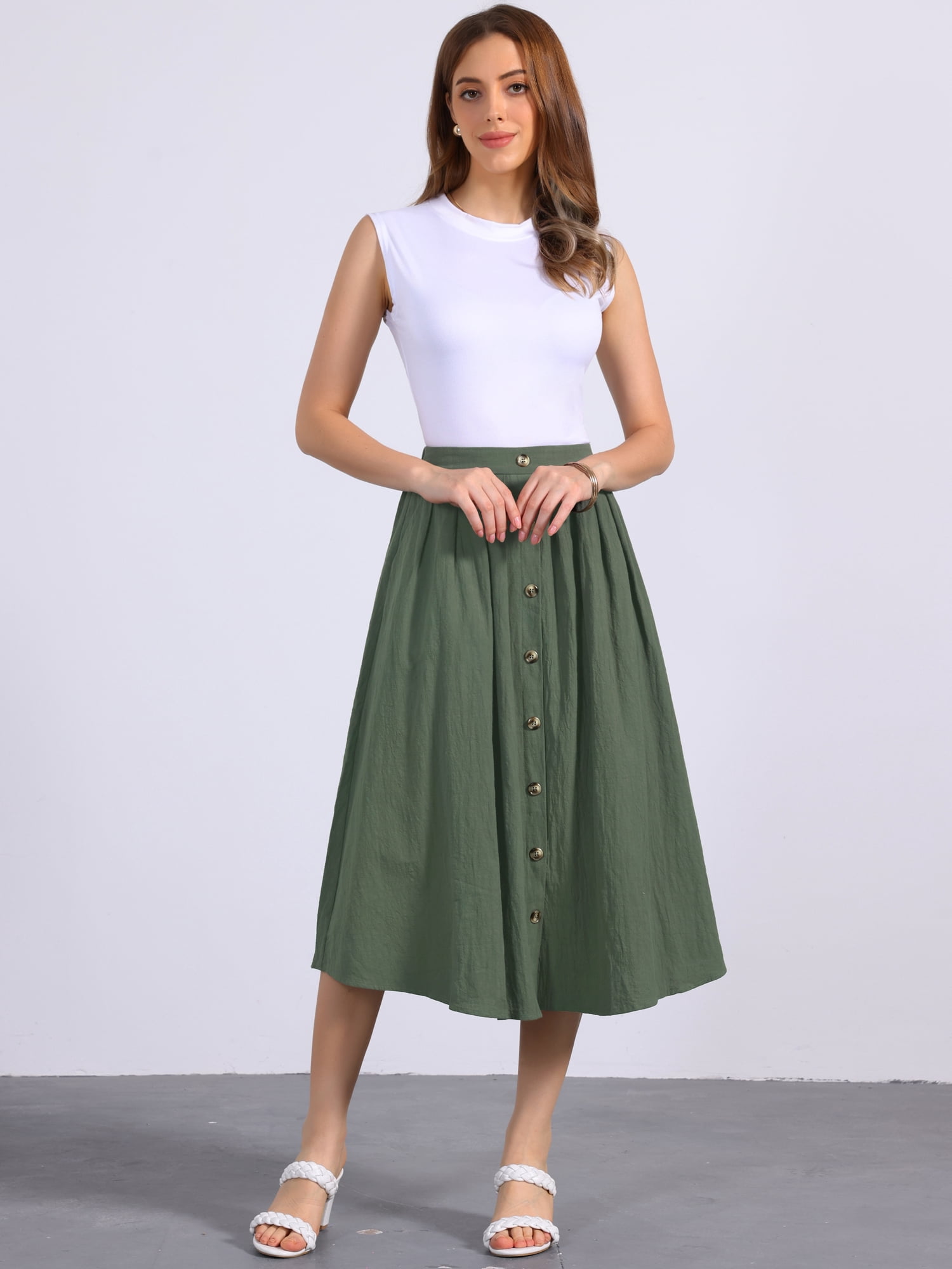 DARING DIVA Women's Button Decor Elastic Waist A-Line Skirts with Pockets S Army Green