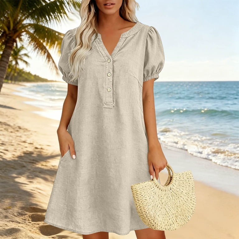 short sleeve tunic dress with pockets Fantaslook Short Sleeve Womens Summer Dresses Casual Button Tunic Dress  with Pockets