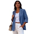 thumbnail image 7 of 2026 Summer Linen Blazer Women-3/4 Sleeve V Neck Ruched Sleeve Button down Lightweight Breathable Business Casual Work Jackets Pocket by Awwp Blue 2Xl, 7 of 7