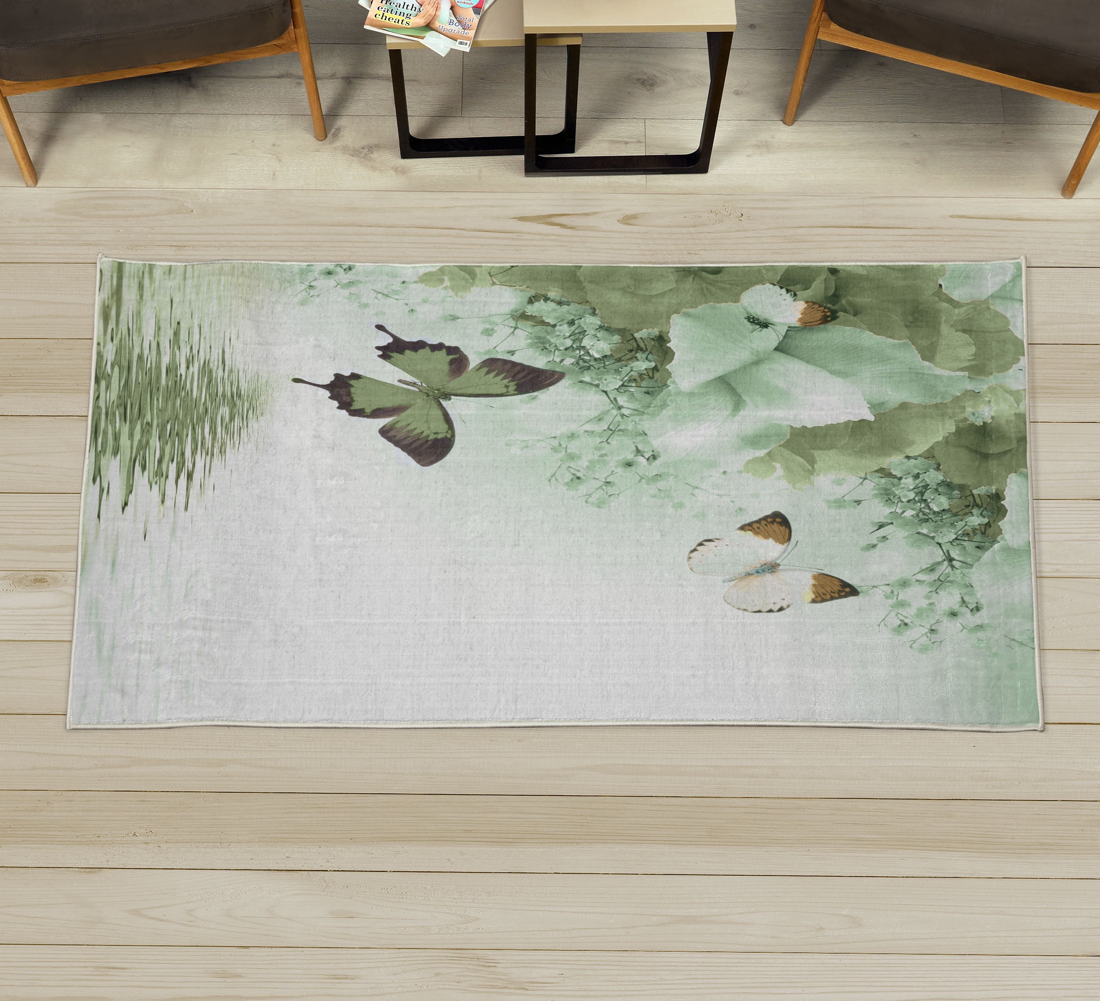 Floral Decorative Rug, Nature Theme Wild Flowers Monarch Flying ...