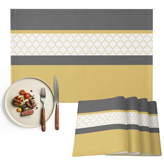 Yellow Morocco Placemats Set of 6, Geometric Grey Stripes Modern Washable Wipeable Table Mats for Dining Tables, Indoor Outdoor Kitchen Place Mats for Holiday Party Table Decor