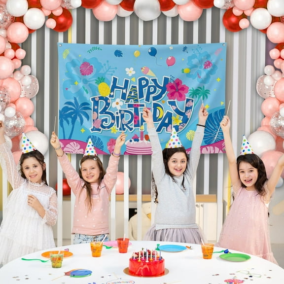 Summer Flowers Birthday Decorations Banner for Baby Shower 5x3ft Cartoon Stich Backdrop Vinyl Blue Birthday Background for Party Supplies