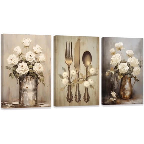 ZHONGYUTONG 3 Piece Canvas Wall Art for Kitchen Farmhouse Flowers Painting Retro Fork Knife Spoon Pictures Print Kitchenware Artwork for Dining Room Restaurant Framed (11.00" x 14.00" x 3PCS)