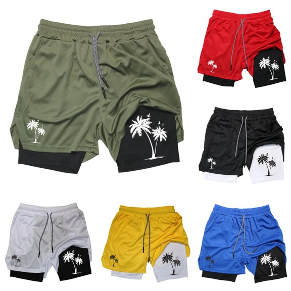 XFeng Men's 2 in 1 Swim Trunks, Print Board Shorts with Compression Liner, Quick Dry Beach Swim Shorts with Pockets