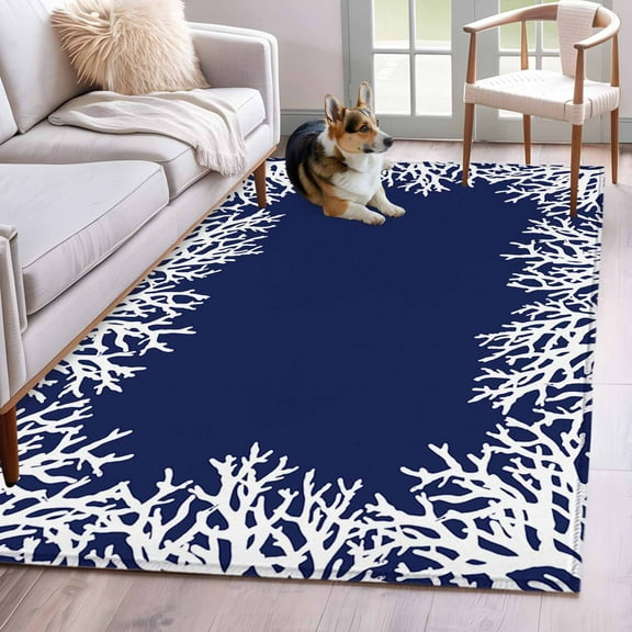 Coastal Coral Area Rug 4x6 Washable Rug Non Slip Navy Blue Ocean Marine Nautical Beach Large Area Rug Indoor Floor Carpet for Entryway Bedroom Kitchen Living Room Home Office Dining Room Nursery