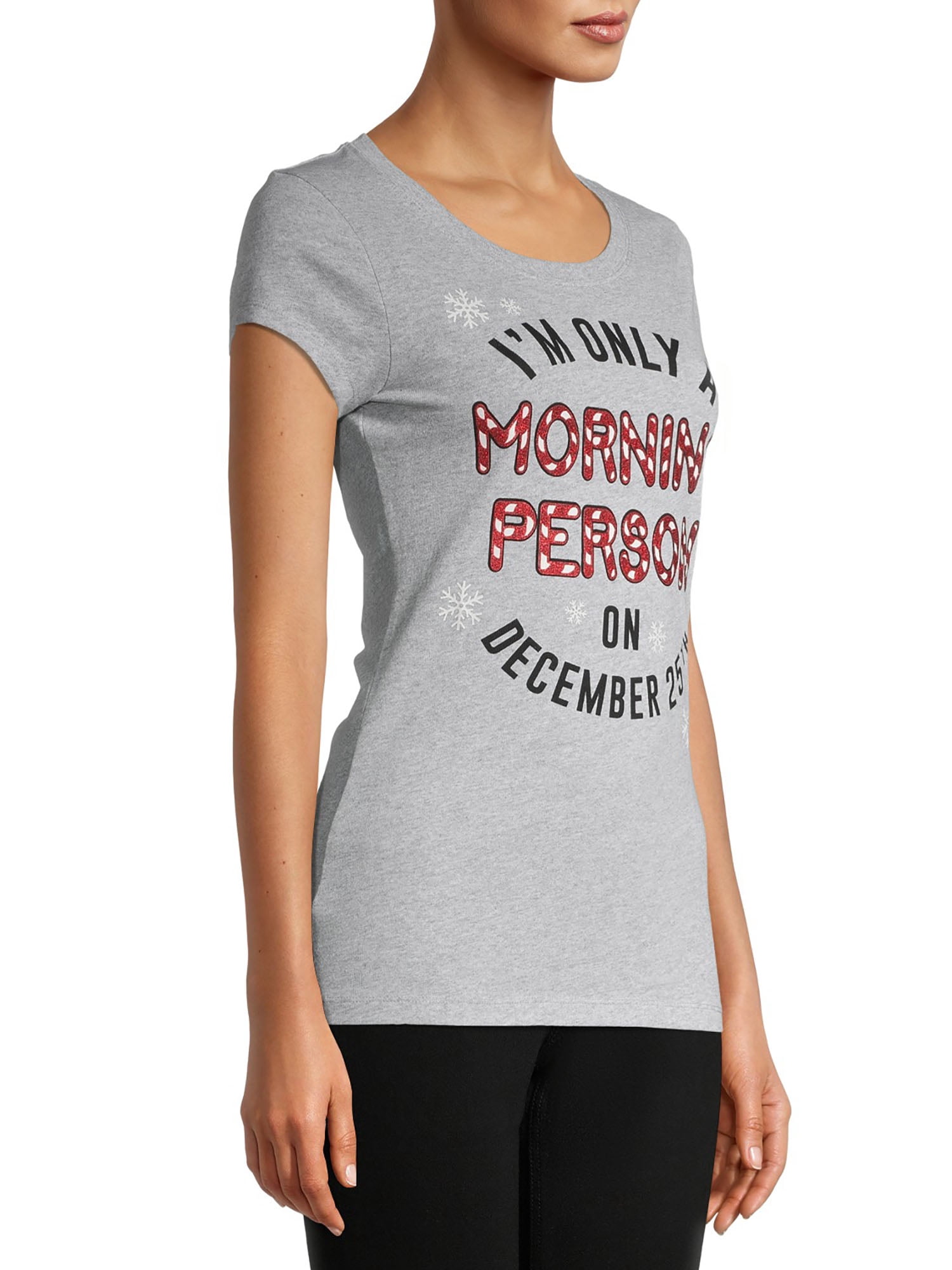 Hybrid Juniors Morning Person on December 25 Holiday Graphic T-Shirt with Glitter