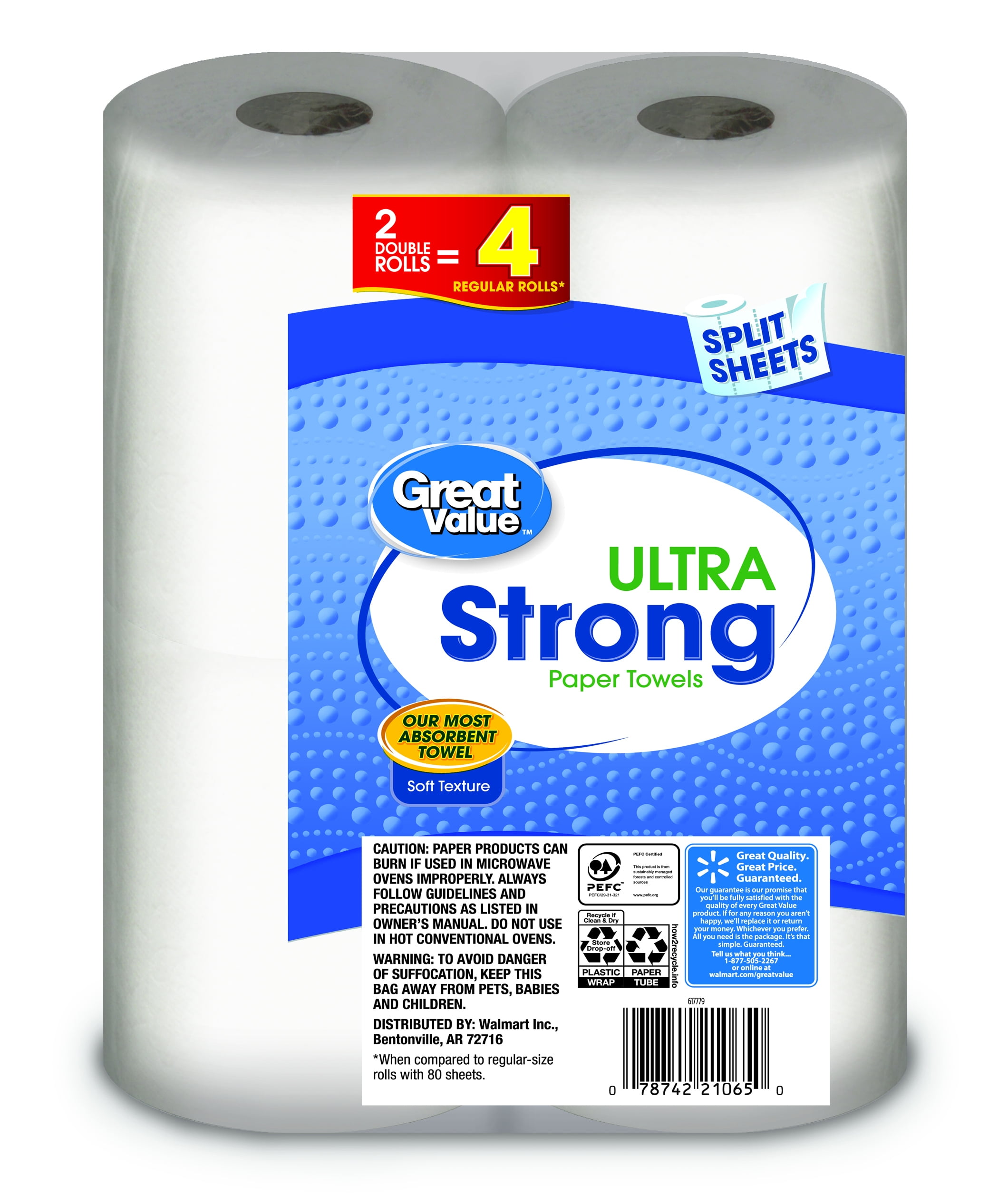 Great Value Ultra Strong Paper Towels, Split Sheet, 2 Double Rolls