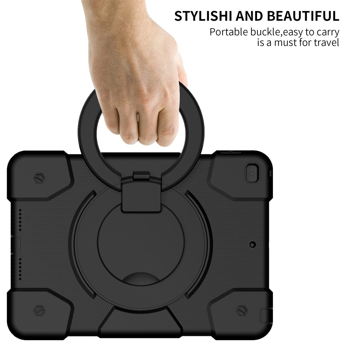 Allytech Case for iPad 9th/8th/7th Generation 10.2", Kids Case with 360° Rotating Folding Ring, Pencil Holder, Strap Drop-Proof Case for iPad 9/8/7 Gen 2021/2020/2019, Black