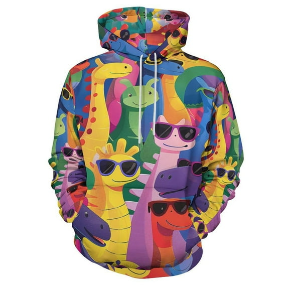 Cute Dinosaur with Sunglasses Regular Fit Hoodie, Sporty Pullover Hooded Sweatshirt for Men Women S