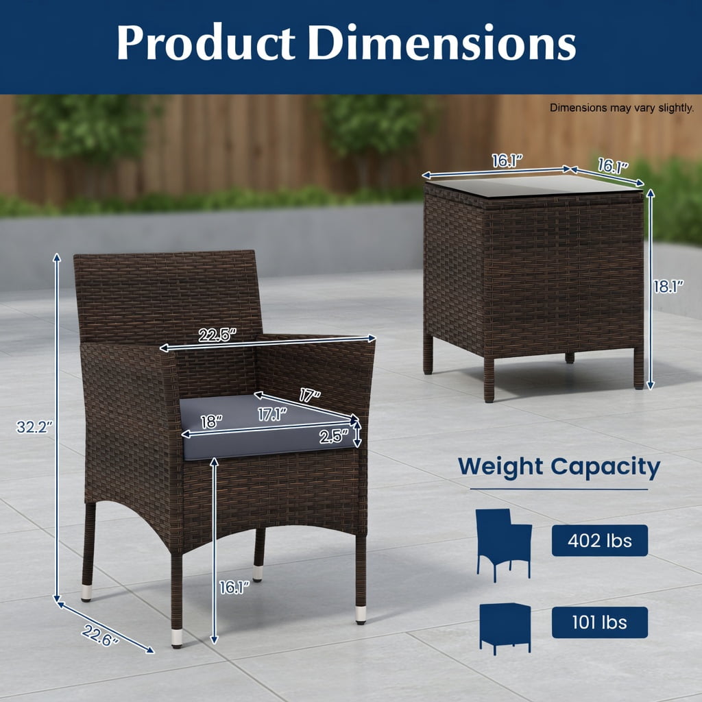 Hommoo 3-Piece Outdoor Wicker Conversation Set, PE Rattan Chairs with Cushions & Tempered Glass Square Coffee Table for Patio, Backyard, Poolside, Gray