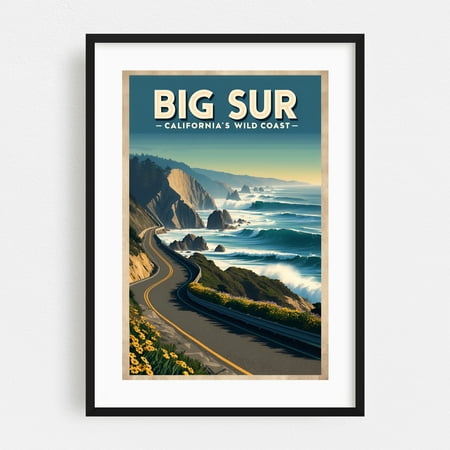Big Sur Vintage Travel Poster – California’s Scenic Coastal Escape - California Illustration Travel Poster Coast Scenic Waves Vintage Landscape Seascape Black Framed Wall Art Print 24 x 36 inches