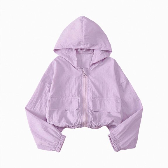 enyan Girls Zip Up Cropped Windbreaker Jacket Hooded Cargo Lightweight Outerwear(Purple,12-14 Years)
