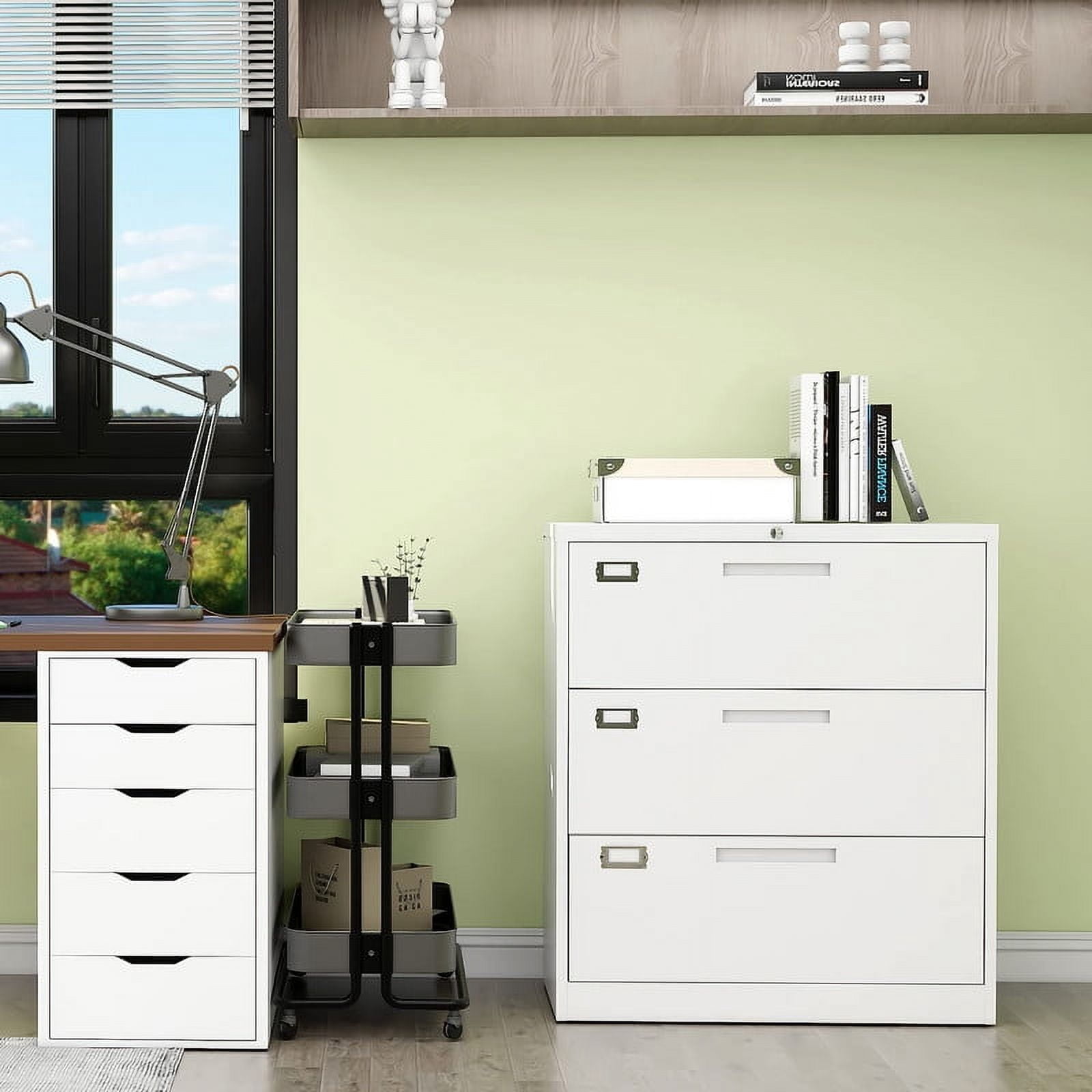MIIIKO 3 Drawer Lateral File Cabinet with Lock, White Lateral Filing Cabinet for Legal/Letter A4 Size, Locking Wide File Cabinet for Home Office, Metal