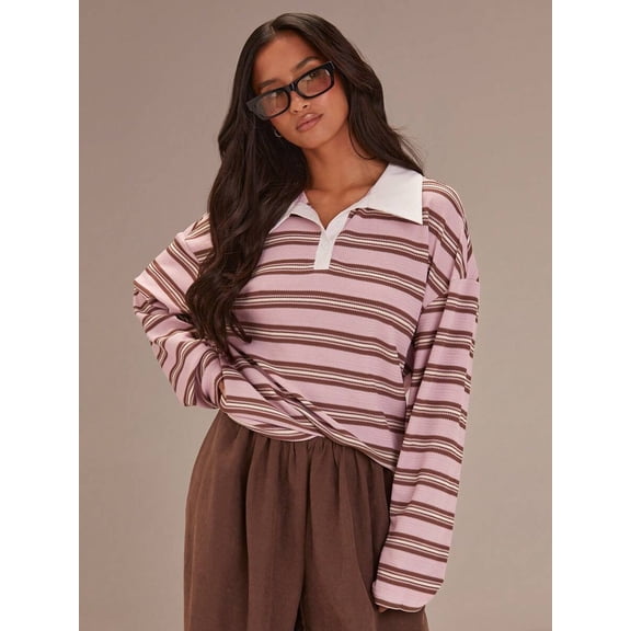 Striped Collared Polo Shirt with Half-Placket and Long Sleeves