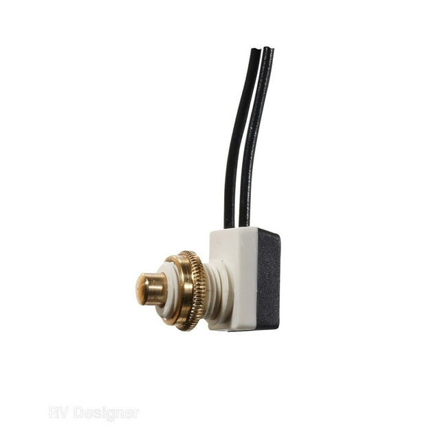 RV Designer Push Button Switch S751 On/Off Switch; 10 Amp; Single Pole Single Throw SPST; With 8 Inch Leads; Single