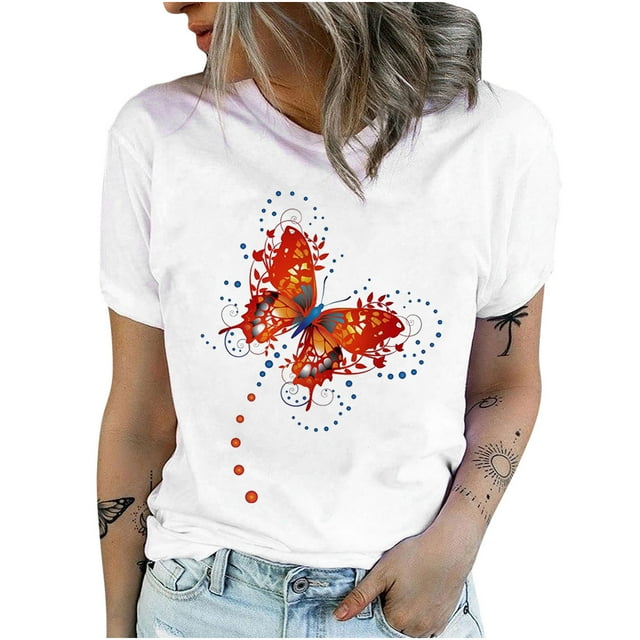 Pompotops T-Shirts à Col Rond Imprimé Papillon pour Femmes, Manches Courtes, Blouse
