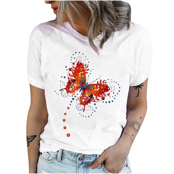 Fesfesfes Tops for Womem Tshirt Crewneck Butterfly Print T-Shirts Print Tees Short Sleeve T-Shirt Blouse Tops Round Neck Casual Summer T Shirt Blouse On Sale