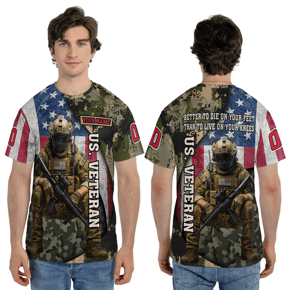Custom US Veteran Soldier 3D T-Shirt, Tactical Patriot Veteran 3D Tee, US Flag Military Camo 3D Print Shirt