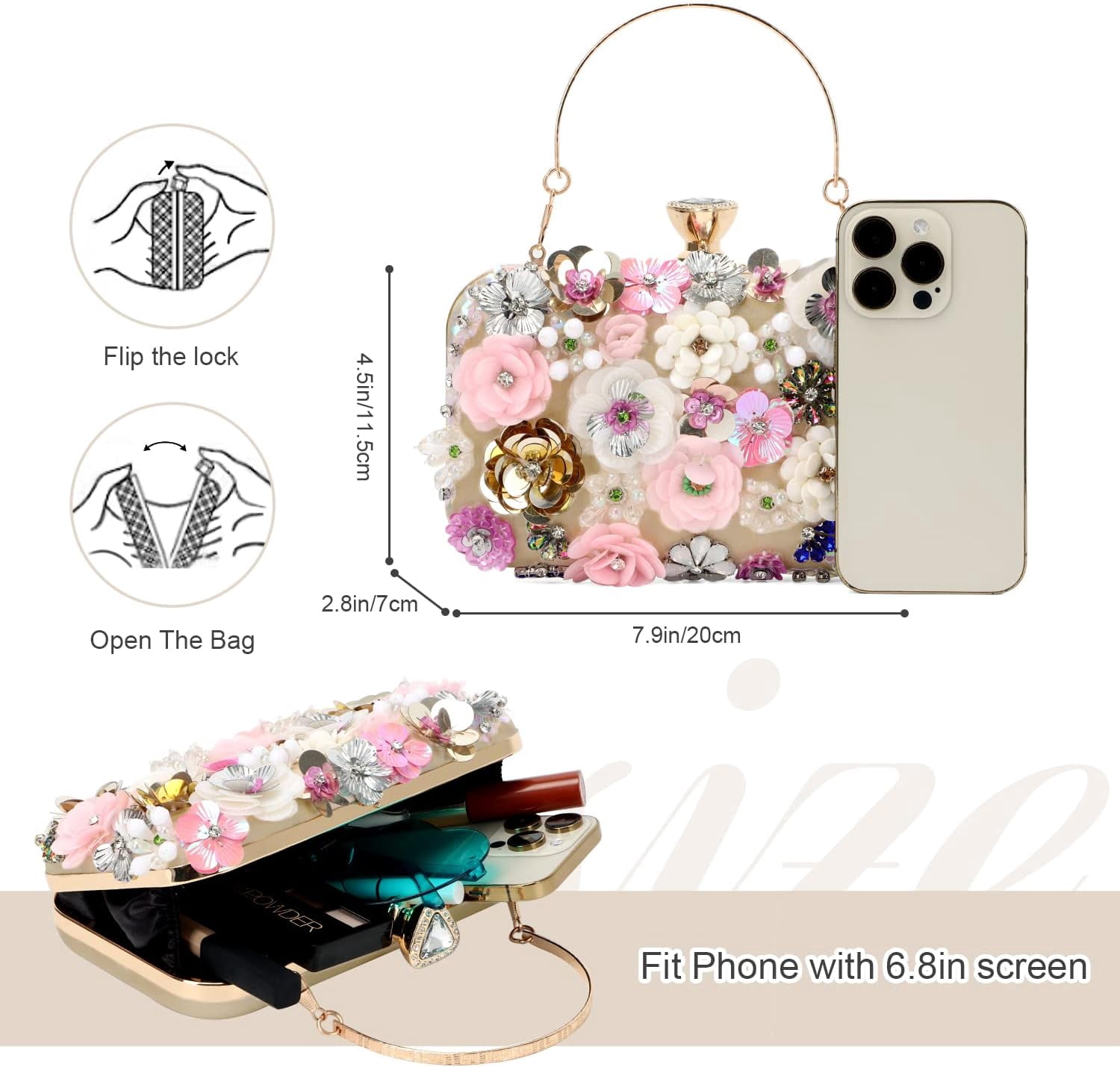 3D Flower Clutch Purses for Women Gold Formal Wedding Party Evening Bags Chain Floral Shoulder bag