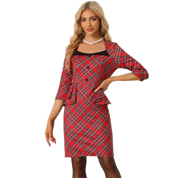 Vestido de Tela de Cuadros Allegra K con Cinturón de Manga 3/4 Peplum Bodycon Lápiz rojo L