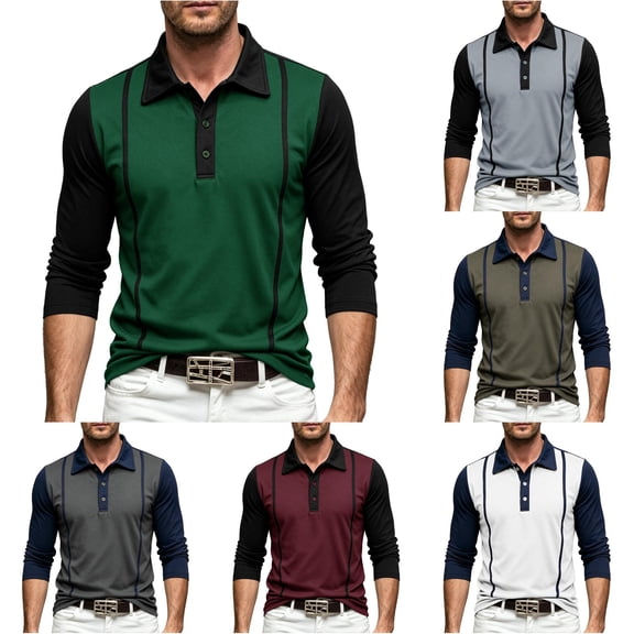 Bibifish Mens Polo Shirts Long Sleeve Collar Neck Color Block Striped Solid Tees Business Gentleman Autumn Casual Tops