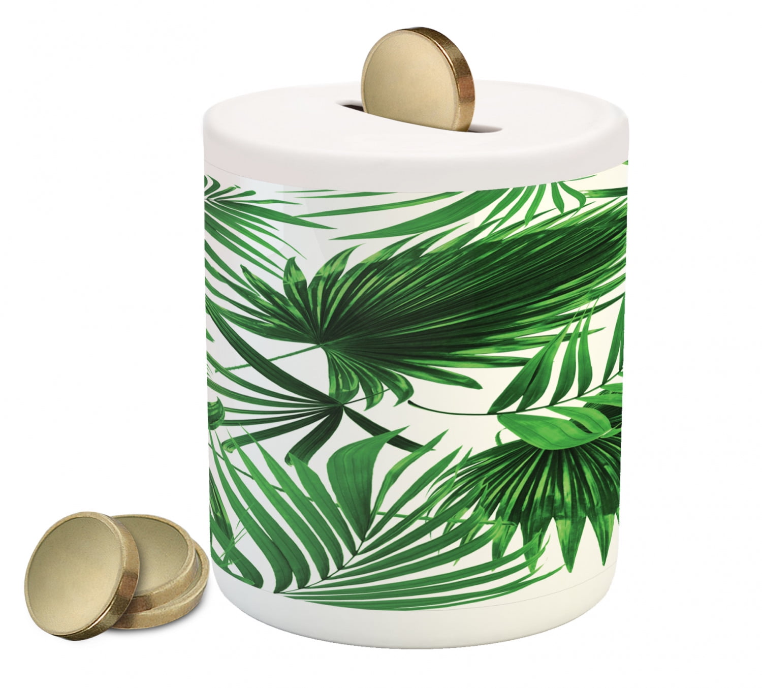 Ambesonne Leaves Piggy Bank Fern Green Marigold Mother Nature Feng Shui Themed Vegetation Growth Tranquil Illustration Printed Ceramic Coin Bank Money Box for Cash Saving