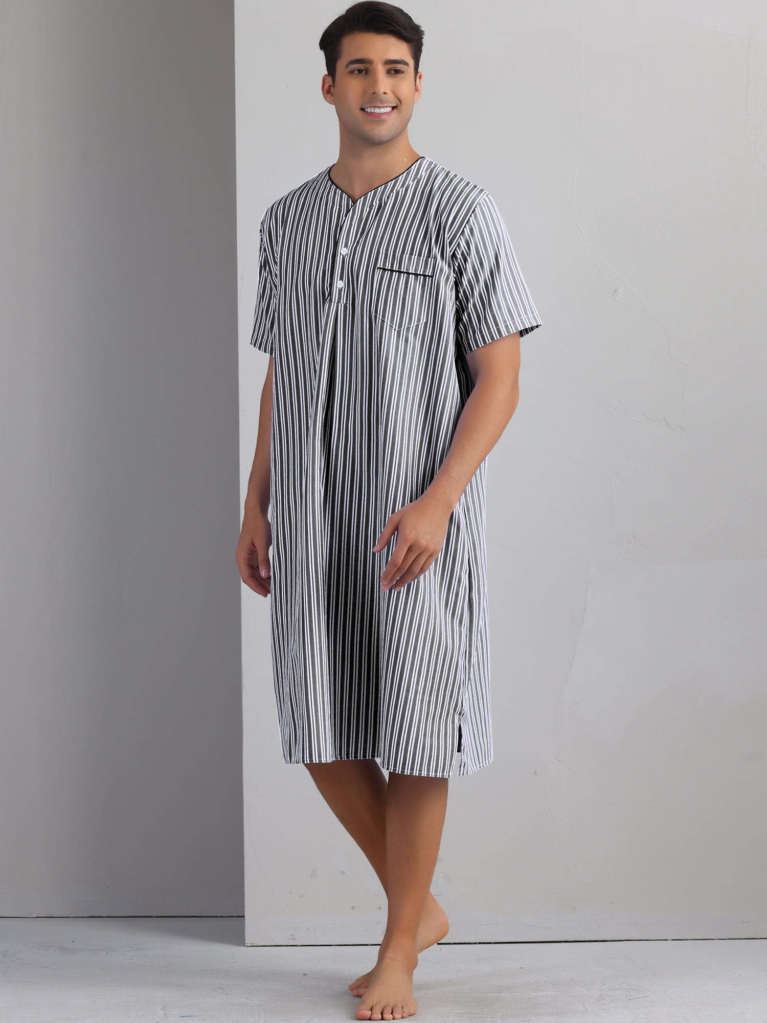 DARING DIVA Men's Short Sleeve Striped V-Neck Button Down Sleep Gown M Black